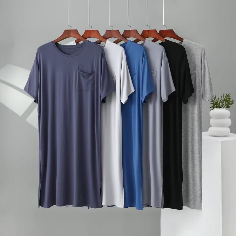Men's Modal Sleep Dress with Pockets Short Sleeve Nightgown Thin Loose Plus Size Pajamas Casual Loungewear