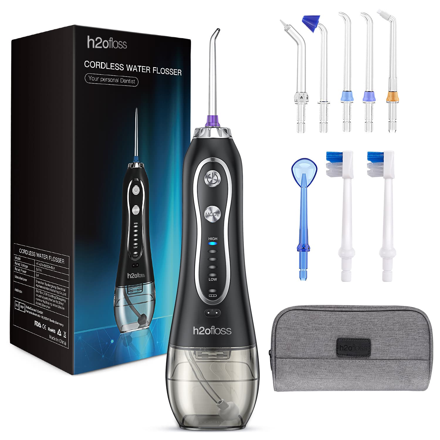 H2ofloss Portable Water Jet Flosser with 5 modes, 300ml water tank