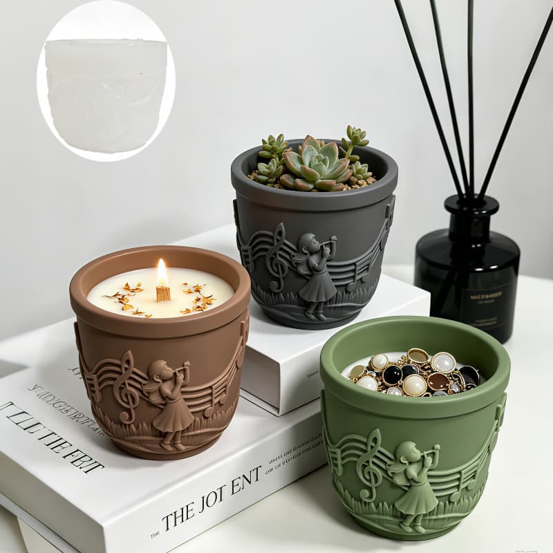 Retro Music Girl Aromatherapy Candle Cup Silicone Mold DIY Resin Casting Storage Cup Cement Flower Pot Mold