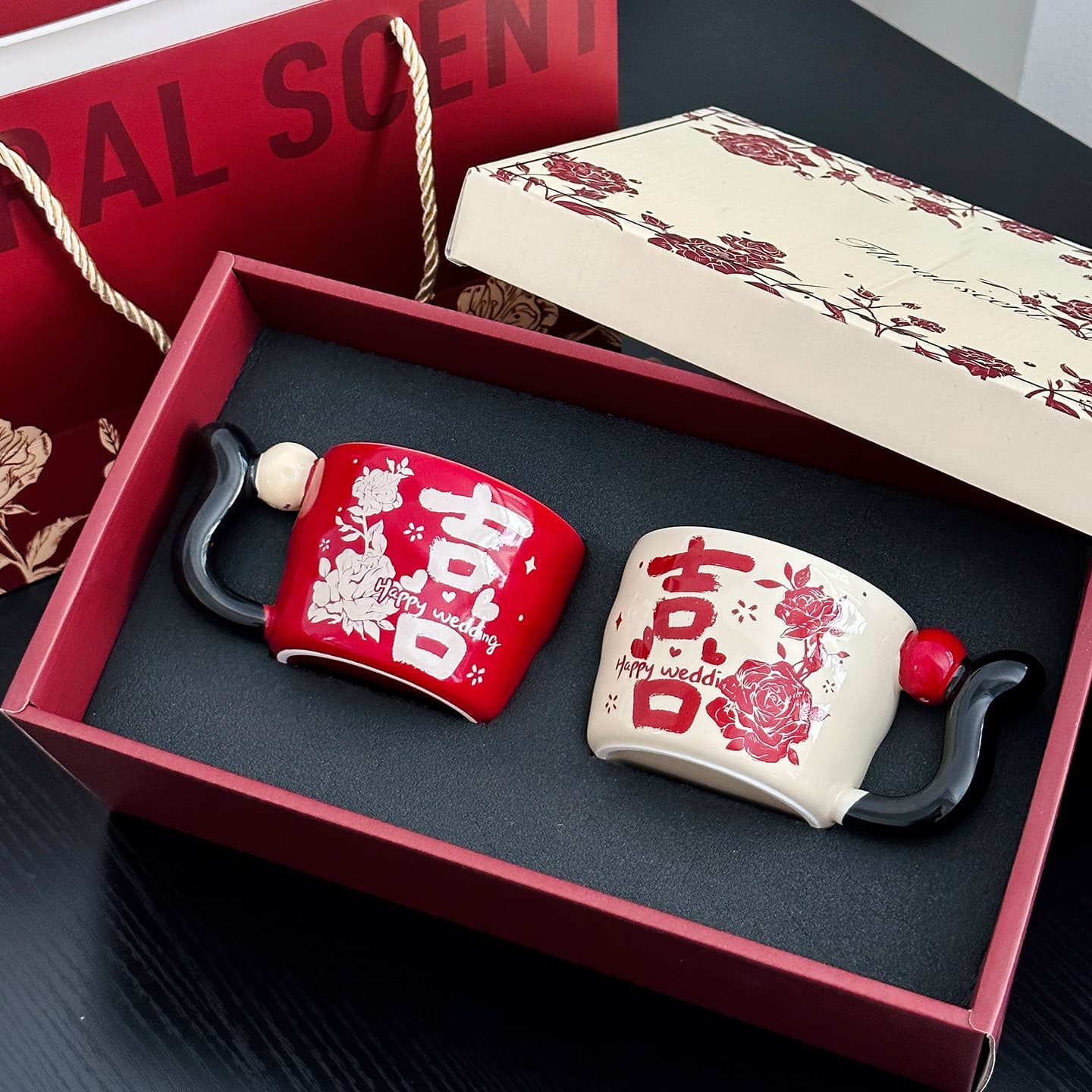 Wedding Gift Ceramic Mug, Joyful and Festive for Newlyweds, Couple's Happy Fate Pair Mug Gift Box Set