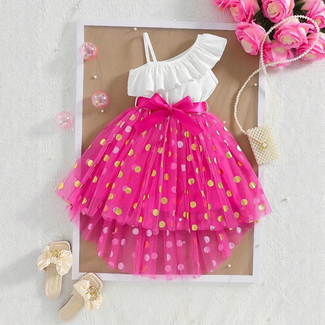 Foreign trade hot-selling girls summer oblique shoulder ruffle suspender dress polka sequined tulle dress asymmetrical