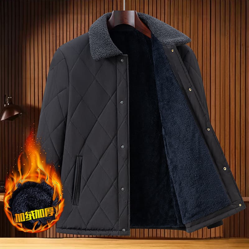 Fleece-Lined Cotton Jacket for Men, Turn-Down Collar, Quilted Coat for Middle-Aged and Elderly, Dad's Casual Warm Loose-Fit Outerwear