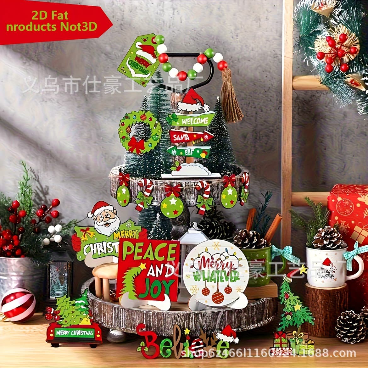New Christmas Wooden Tiered Tray Decoration Green Old Man Truck Home Decoration Table Centerpiece