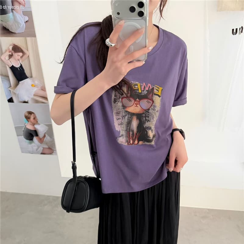 021 Summer New Korean Style Casual Round Neck Women's Cotton T-Shirt Versatile Cartoon Cat Top Loose Fit