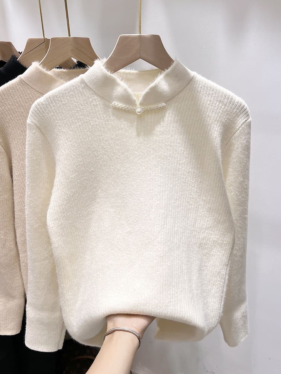 New Chinese Style Frog Button Semi-High Neck Autumn/Winter Sweater Women Fleece Lined Thickened Warm Integrated Fleece Inner Wear Base Shirt