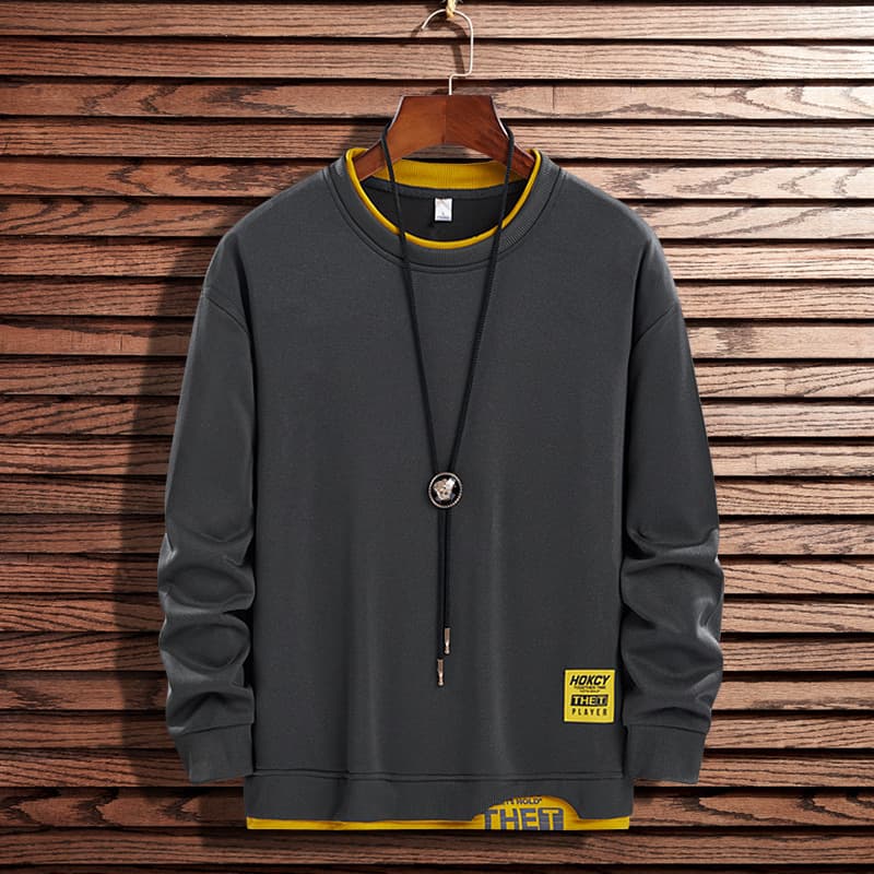 2026 Spring and Autumn Sweater Men's Round Neck Top Loose Hoodless Bottoming Shirt Casual Loose Fake Two-piece Trendy Long Sleeve