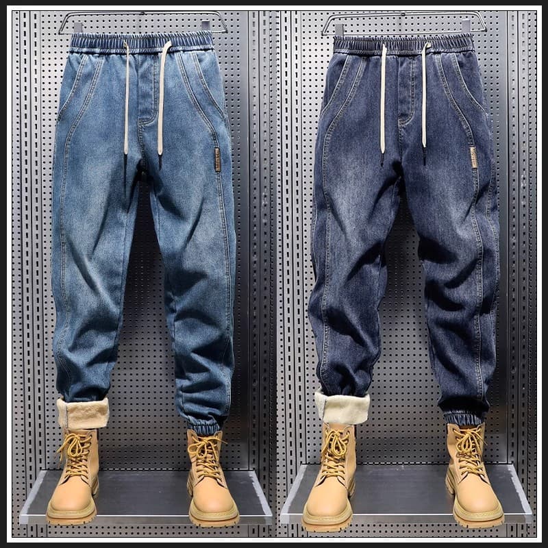 Thickened velvet men's jeans 2024 autumn and winter warm and cold velvet outer wear men's harem pants