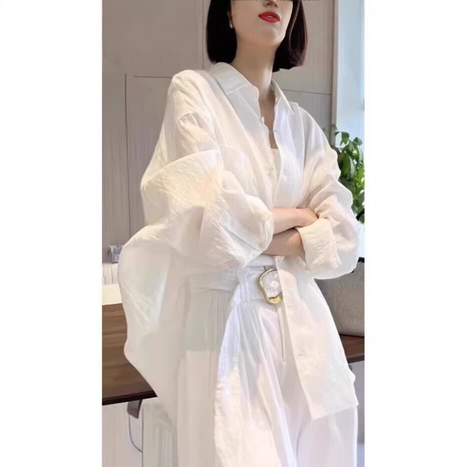 White Breathable Cotton Linen Long-Sleeve Sun Protection Shirt for Women, Summer Thin Loose Casual Slimming Versatile Top
