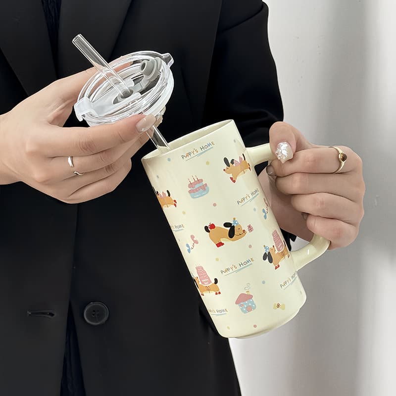 Cartoon Puppy Ceramic Mug with Lid and Straw, Winter Couple Ceramic Cup Gift, Xiaohongshu Same Style Cup