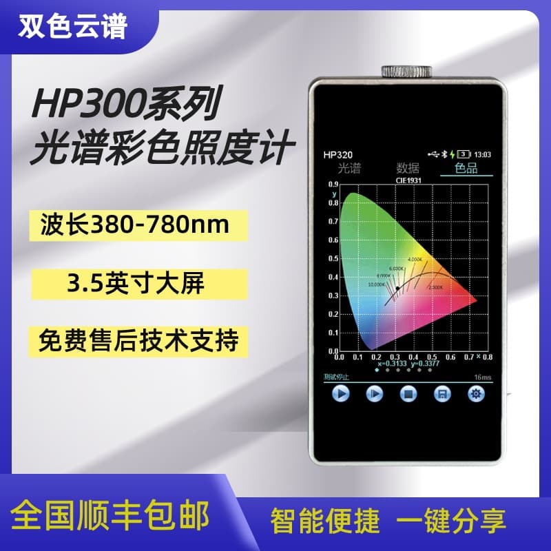 HP-320 Spectral Color Bluetooth Illuminance Meter Portable Wavelength Lux CRI Spectrometer Color Tolerance Analyzer