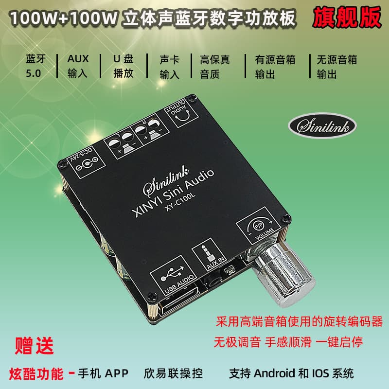 XINYISiniAudio 100W Stereo Bluetooth Digital Amplifier Dual Channel 360° Infinite Tuning C100L
