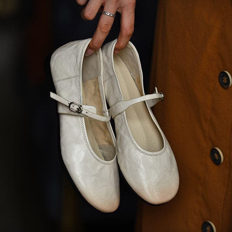 Soft Sheepskin Off-White Soft-Soled Mary Jane Shoes for Women 2026 Spring New Style Genuine Leather Flat Shallow-Mouth Single Shoes with Buckle