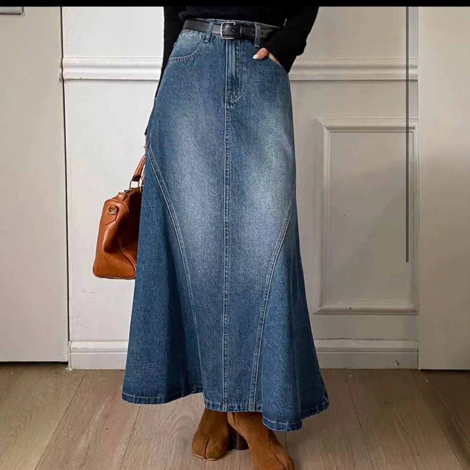 Vintage Dark Blue Paneled Stitching Denim Fishtail Skirt Women High-Waist A-Line Flared Long Denim Skirt