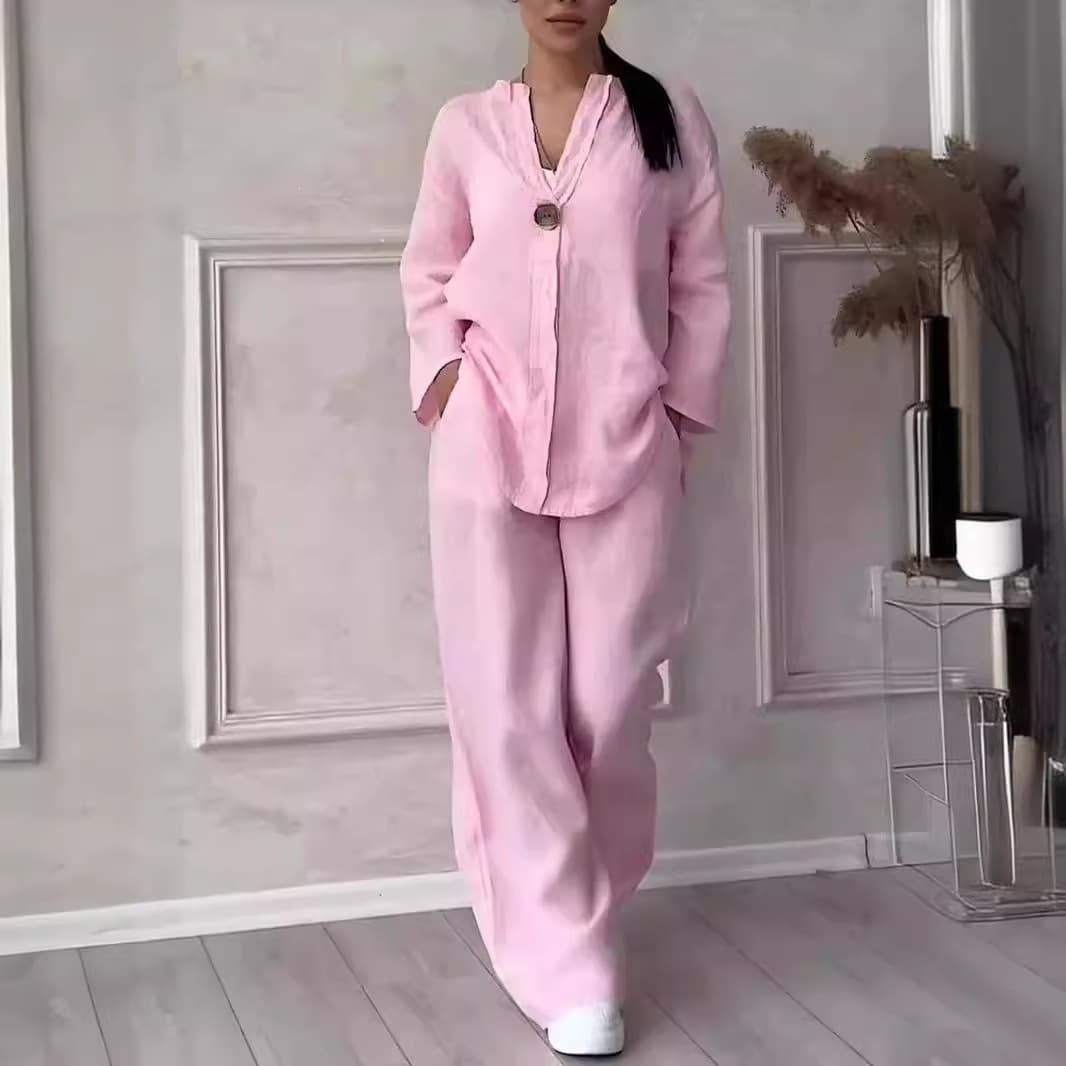 2026 Cross-Border Trade Amazon European and American Women's Loose Top Wide-Leg Pants Casual Cotton Linen Set Linen Suit