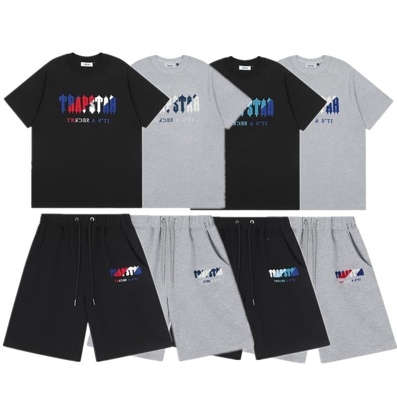 Cross-border In-Stock Summer Pure Cotton Trapstar Gradient Letter Short-Sleeve T-Shirt and Shorts Men's Couple Casual Set Instagram