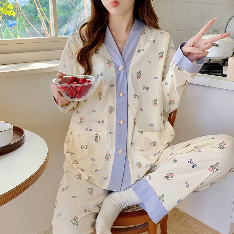 7A Antibacterial Maternity Pajamas Class A Pure Cotton Postpartum Clothing Spring and Autumn Postpartum Maternal Breastfeeding Home Clothing Set Pregnancy