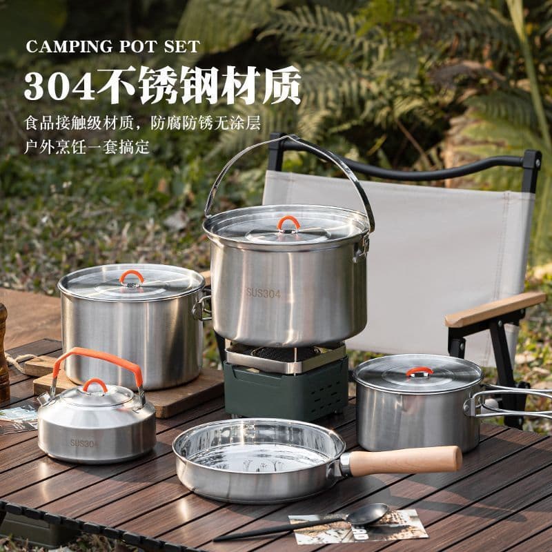 304 Stainless Steel Outdoor Cookware Set, Portable Cookware Set for Outdoor Camping, Tableware, Kettle, and Cookware
