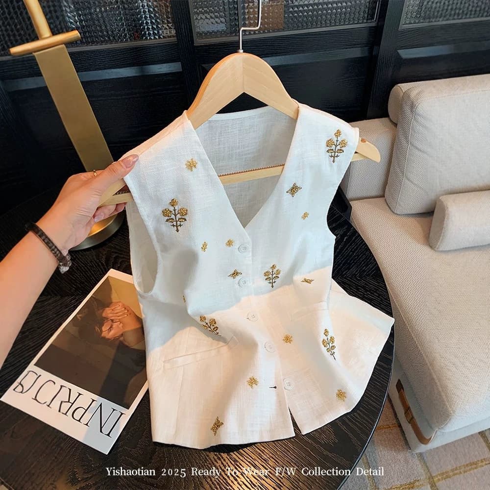 Premium Heavy-Duty Embroidered White Linen Sleeveless Vest 2025 Summer New Fashion V-Neck Tank Top