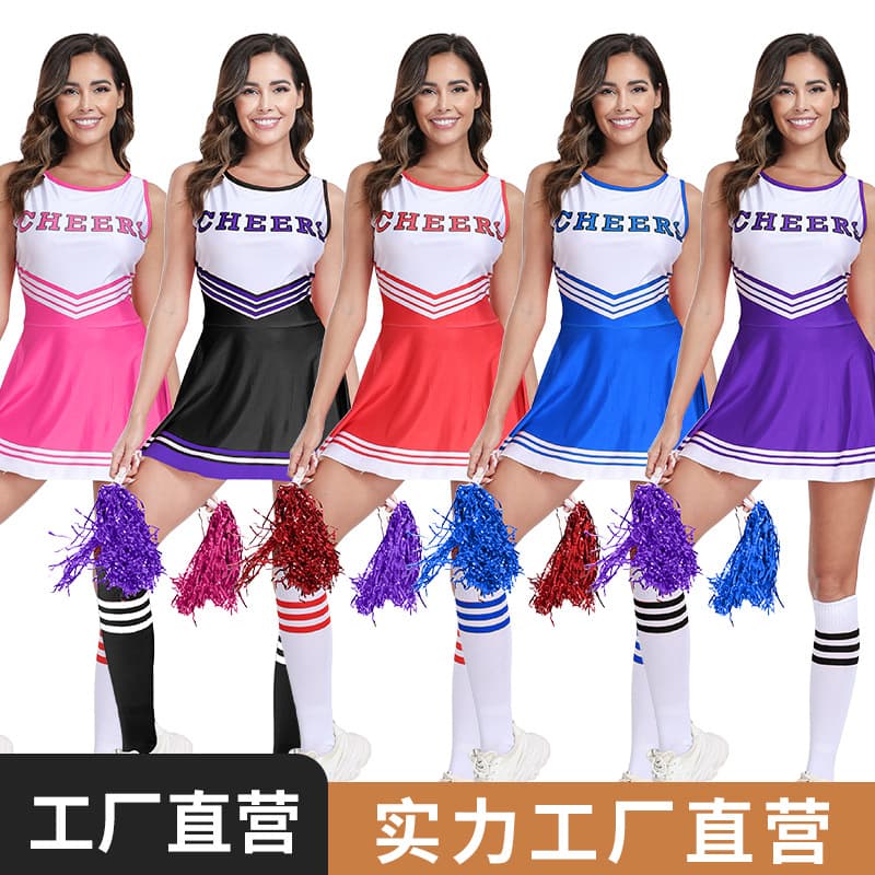 Adult cheerleading outfits, five-color sleeveless soccer babe team skirts, women's cheerleading uniforms with stockings, cheerleading performance costumes.