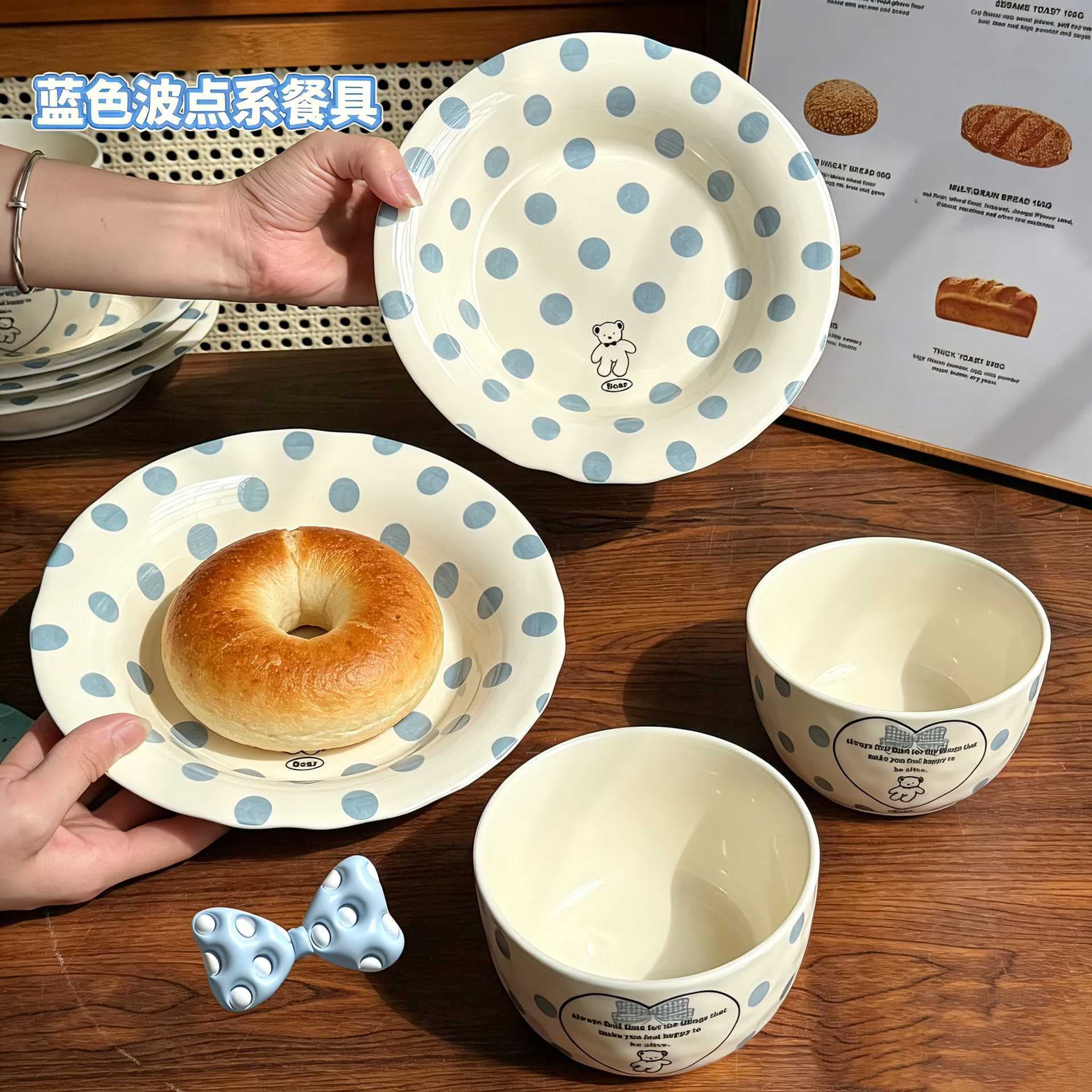 Blue polka dot bear ceramic bowl and plate set with high-looking ins style household rice bowl dinner plate salad plate breakfast plate