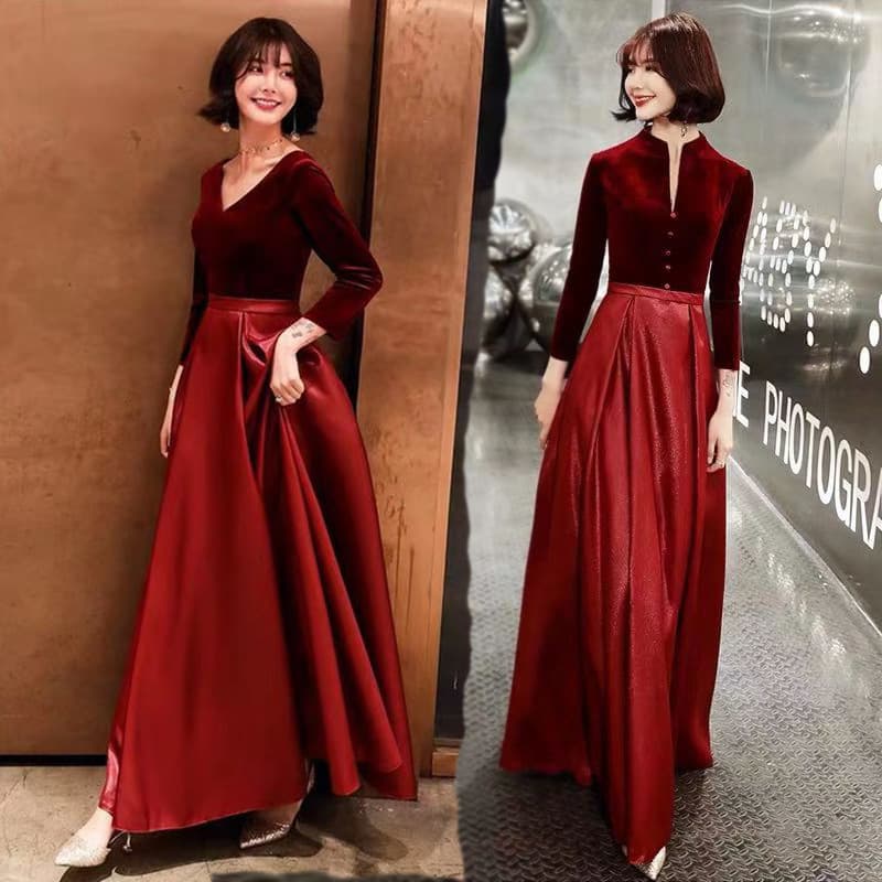 Elegant toast dress bride 2021 new annual party party banquet evening dress gold velvet long dress
