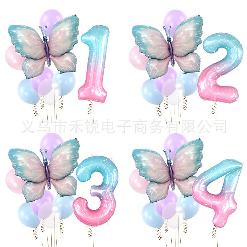 Cross-Border Iridescent Blue Butterfly Aluminum Foil Balloon 40-Inch Starry Gradient Large Number Balloon Kids Birthday Set