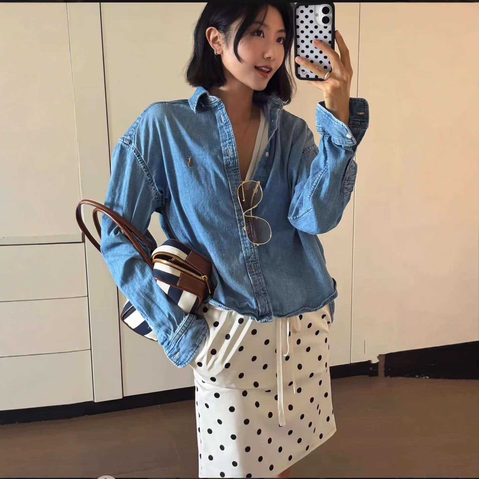 French top women's autumn and winter new classic embroidered lapel POLO loose casual long-sleeved denim shirt women's long sleeves