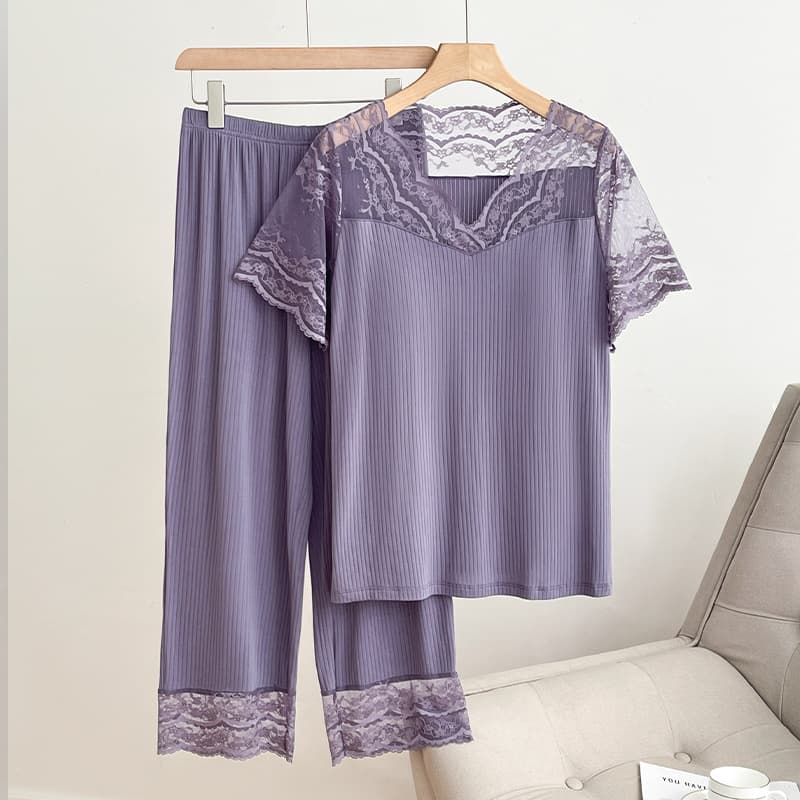 Short Sleeve Pajama Set with Fixed Bra Cups, Thin Loungewear, Lace Pajama Set, Loose Fit, Girly Lace Loungewear