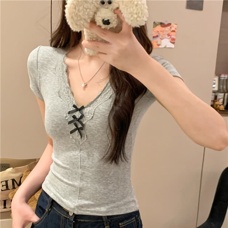 5085# Bow V-Neck Lace Trim Short Sleeve T-Shirt, Summer Spicy Girl Slimming Niche Cropped Top