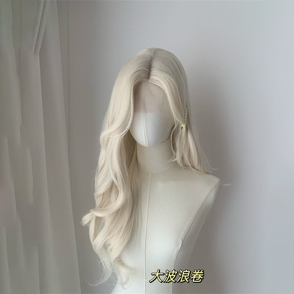 Women's Lace Front Wig Floral White Gold Large Wave Long Curly Hair with Curtain Bangs Versatile Cosplay Full Wig Cap