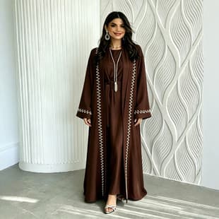 F514 Women's Export Rhinestone & Pearl Embellished Cardigan Maxi Dress, Loose Fit, Fashionable, Nida Fabric, In Stock