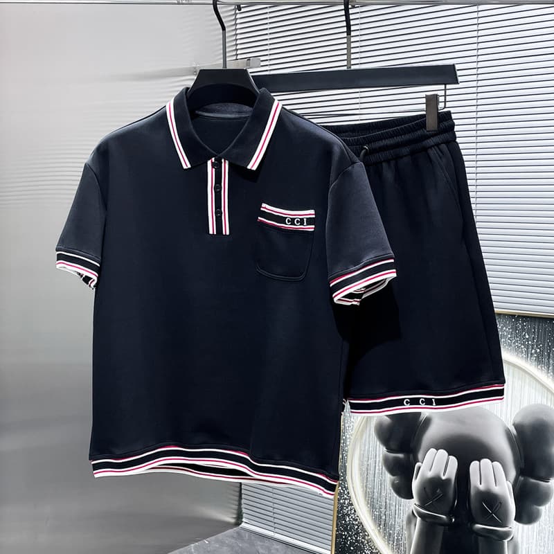 European Style Fashion Casual Set for Men Summer Polo Shirt with Shorts, Letter Embroidery, Trendy Streetwear Athletic Men