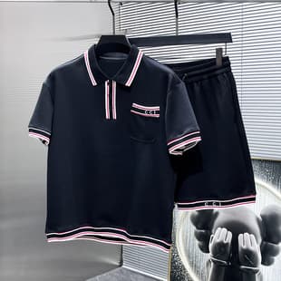 European station fashion casual suit for men summer turn-down collar polo shorts letter embroidery trendy cool guy style summer sportswear for men
