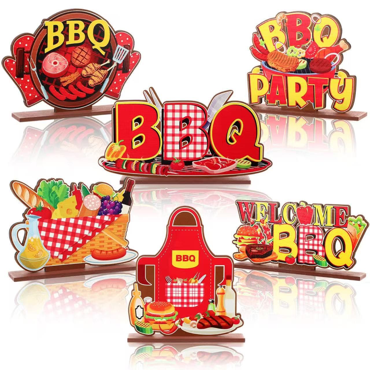 6-Piece BBQ Wooden Table Signs, Red Plaid Wooden Dining Table Centerpiece, Grill Master
