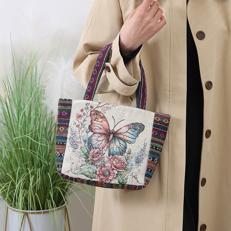 Popular Small Bag in the Live Broadcast Room, Ethnic Style Embroidered Canvas Bag, New Model for Moms, Large Capacity Tote Bag for Grocery Shopping