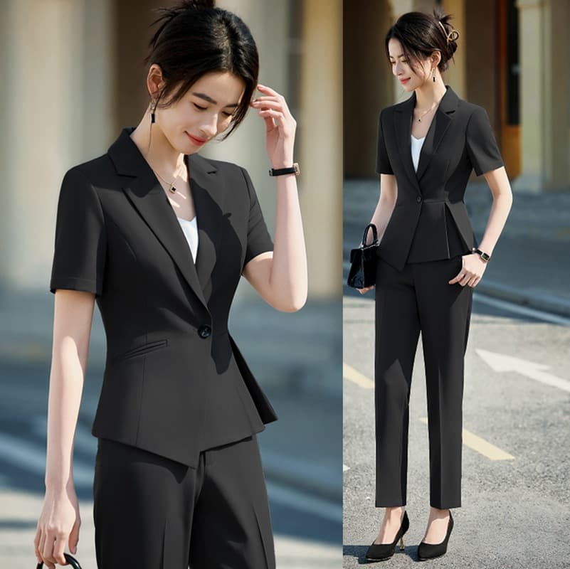 Black Suit Set for Women Summer Hotel Front Desk Workwear Jewelry Store Professional Short Sleeve Blazer