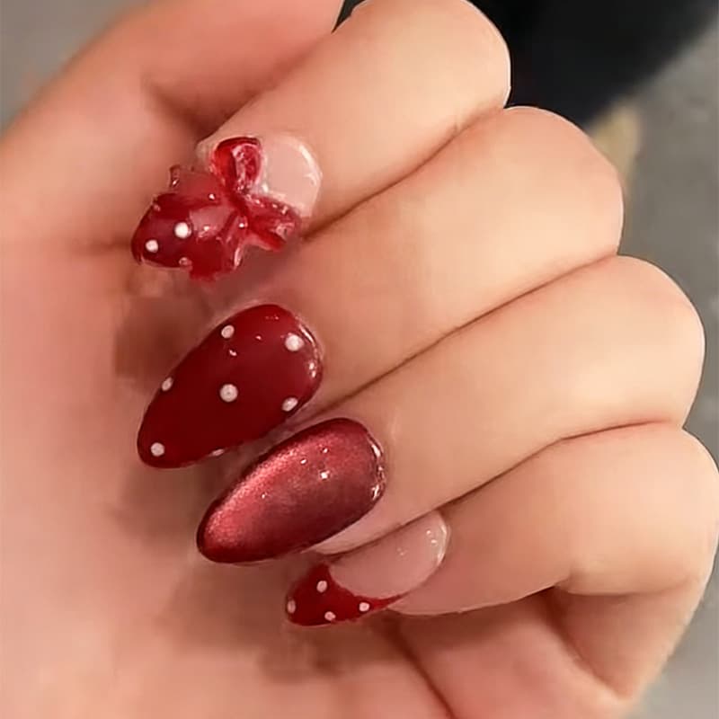 30 Pieces Cross-Border Hot Selling Almond Wearable Nails Red Series Cute Polka Dot Bow Nail Tips Wholesale Finished Products