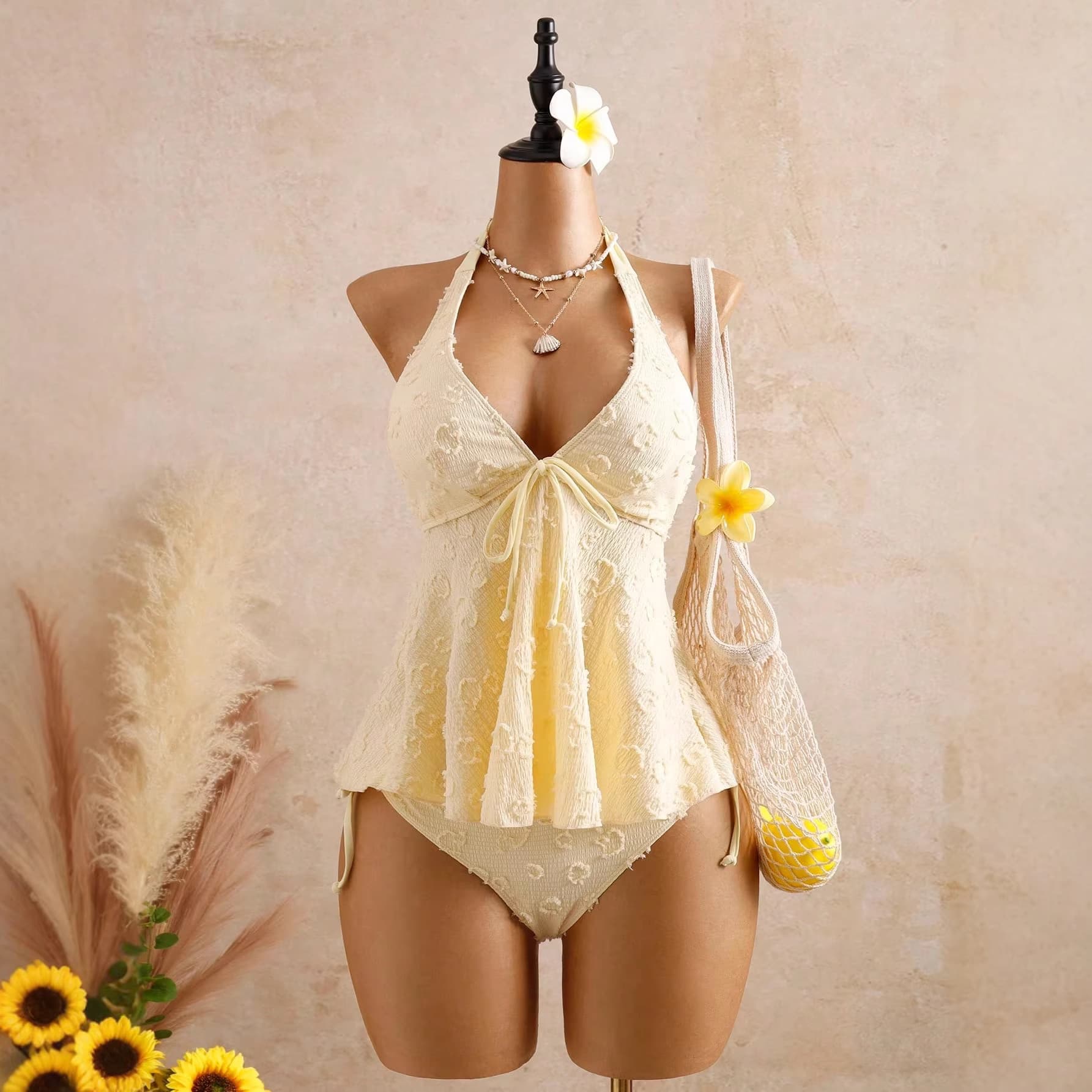 2026 Summer Women's Cross-Border V-Neck Swimsuit, Halter Tie Ruffle Flattering Two-Piece Bikini Swimsuit for Women