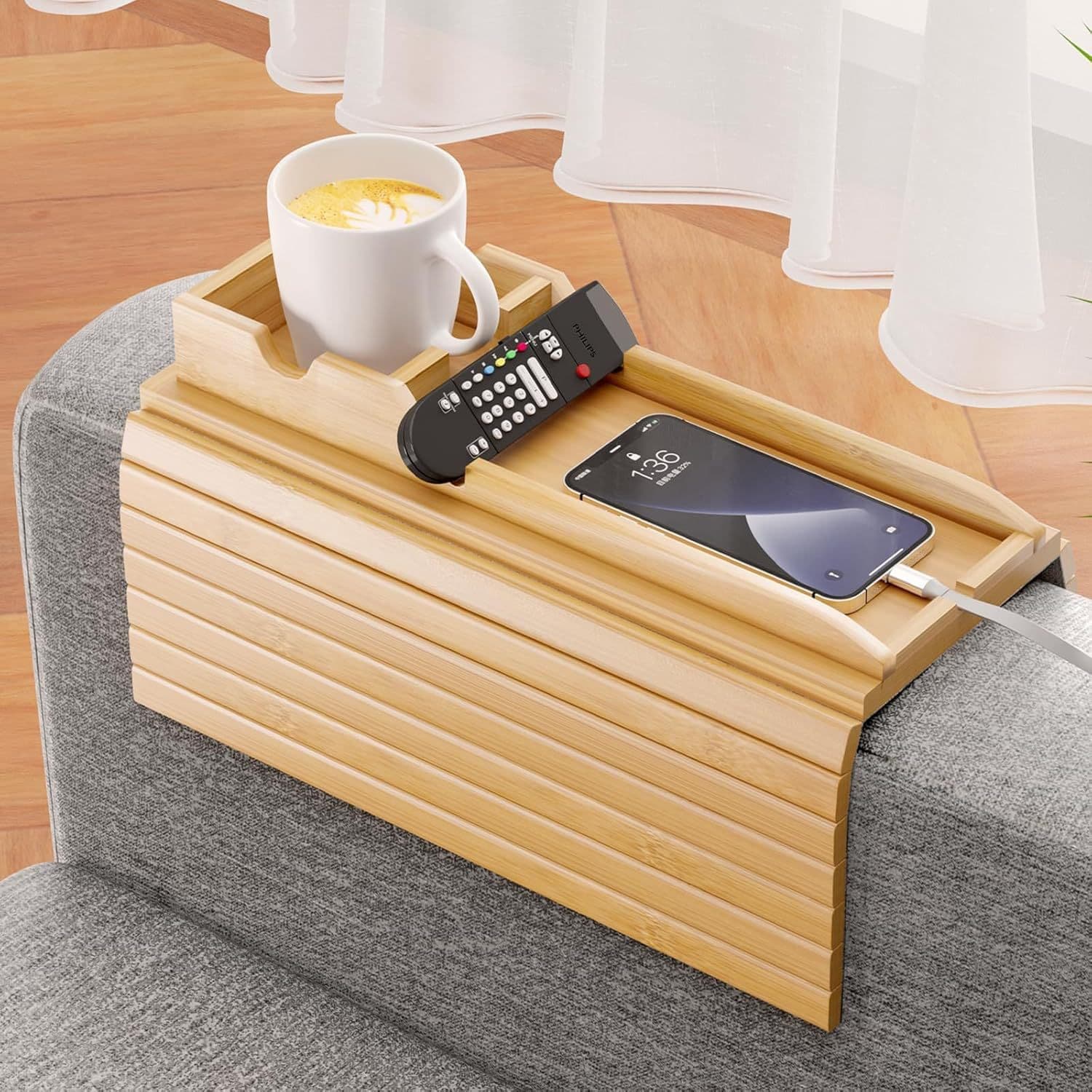 Bamboo Sofa Armrest Tray Foldable Anti-Drop with Storage Sofa Armrest Side Table Tray