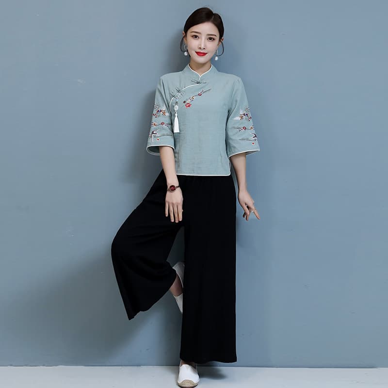 Drop Shipping 2023 Spring Summer Ethnic Style Set Zen Tea Clothing Cotton Linen Buttoned Embroidered Top + Wide Leg Pants