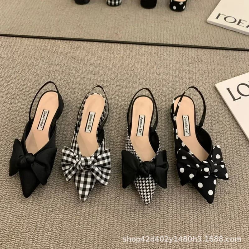 2026 Summer New French Pointed Toe Butterfly Knot Ankle Strap Sandals for Women, Flat Low Heel Elegant Dress Backless Shoes