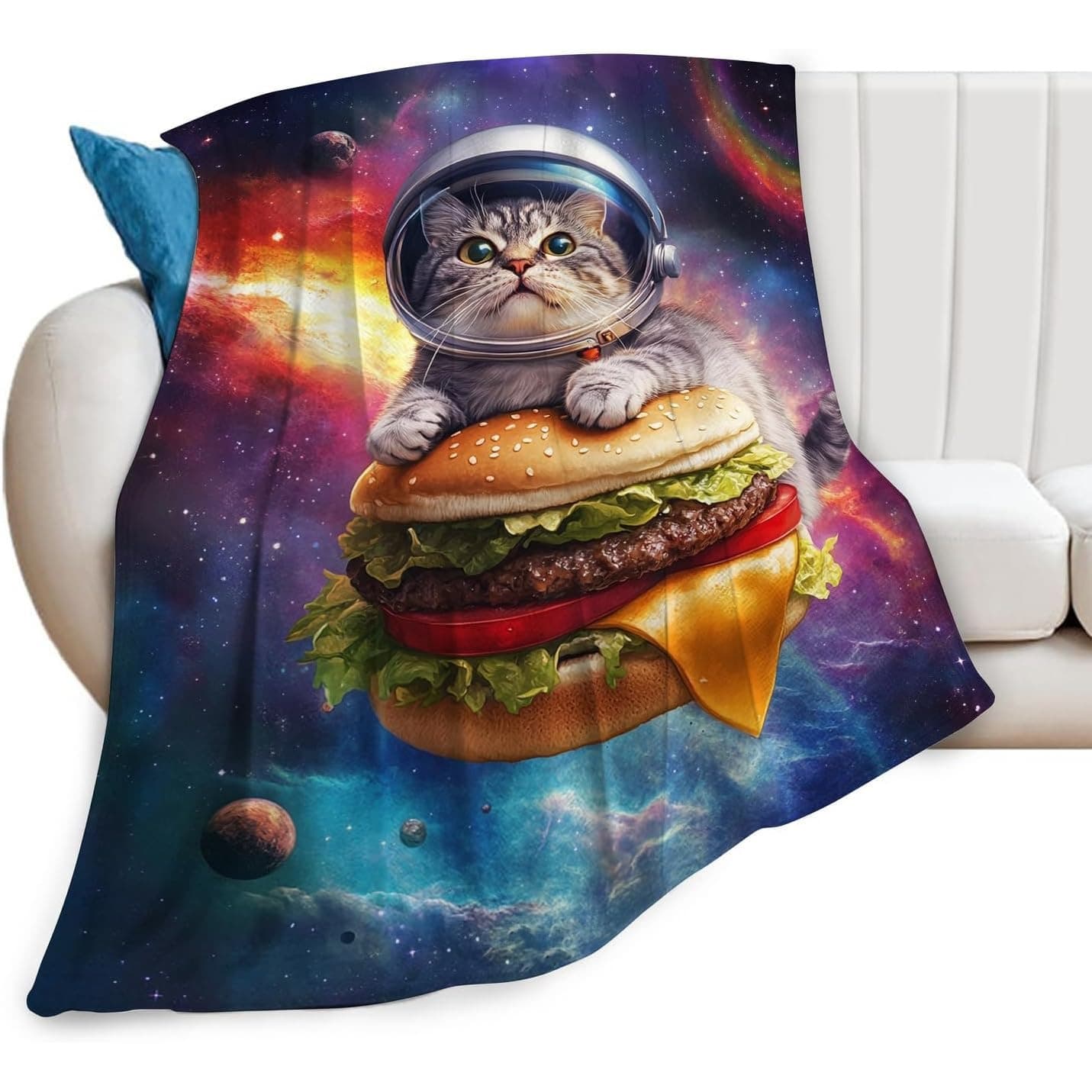 Fun Cat Blanket Decoration Cosmic Sky Hamburger Gift for Cat Lovers Flannel Lunchtime Blanket