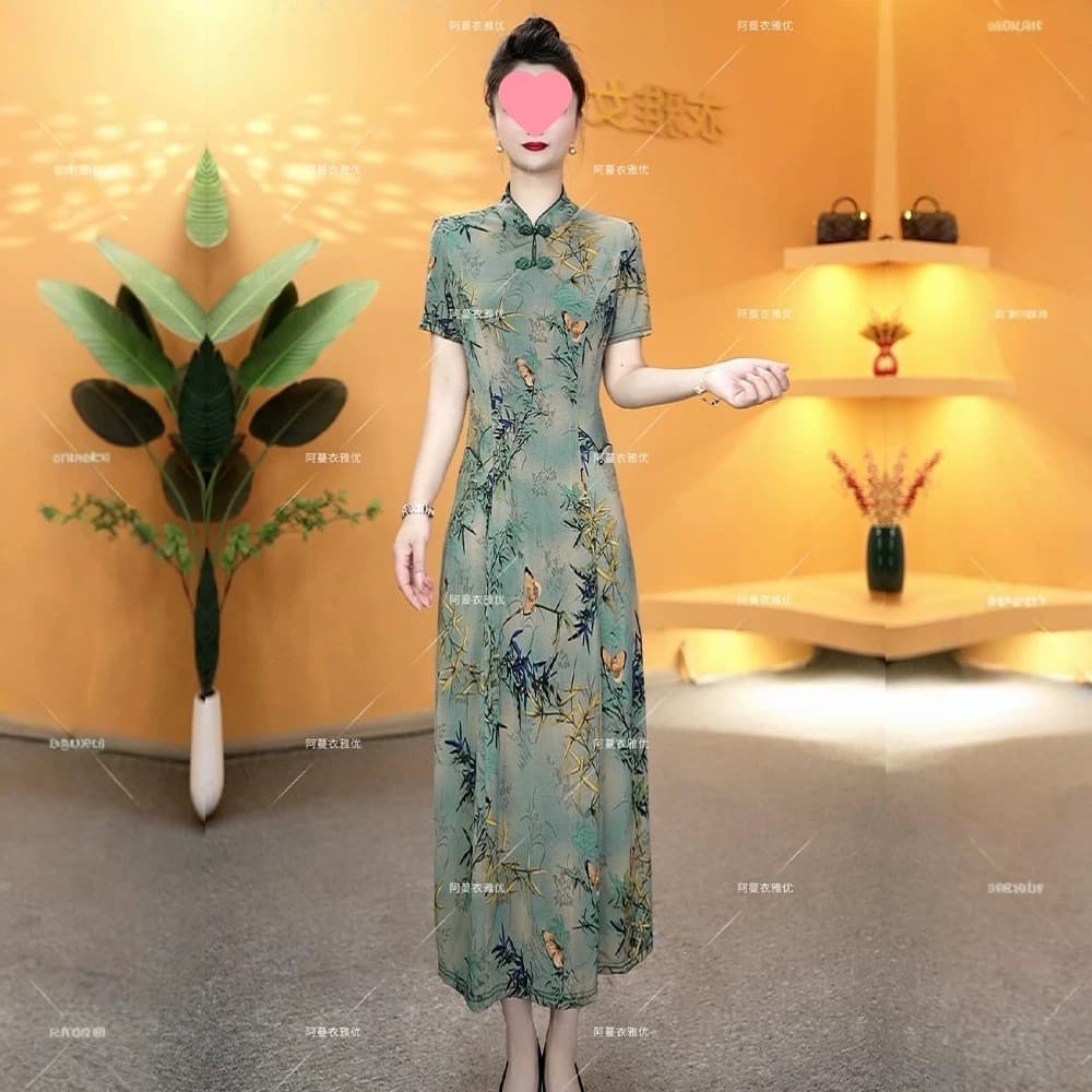 Satin Long Dress for Women 2026 New Summer Petite Dress Plus Size Mother Long Cheongsam Dress Summer