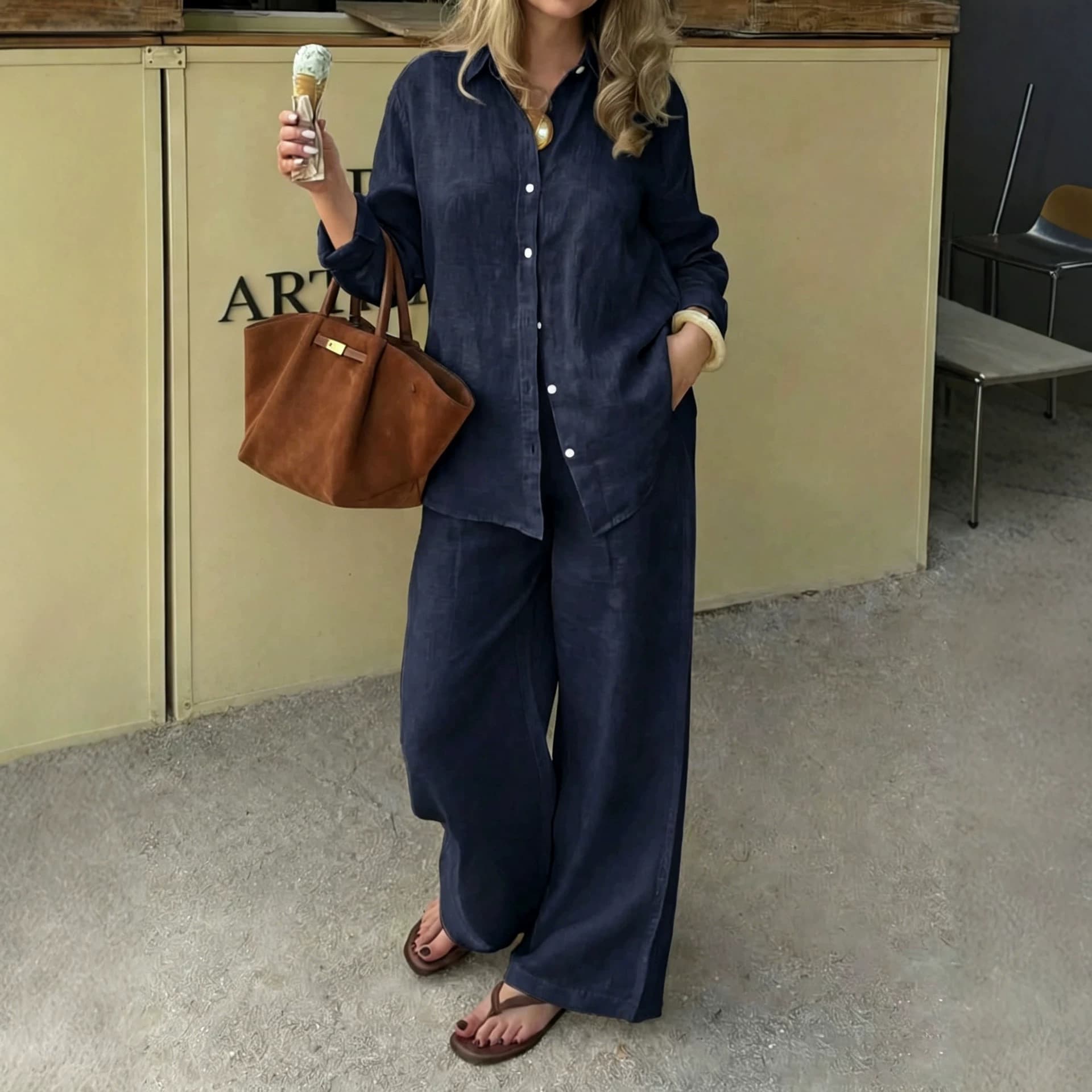 2026 Simple Linen Two-Piece Set: Notch Lapel Long-Sleeve Shirt with Straight Wide-Leg Pants, Casual Urban Commuter Suit