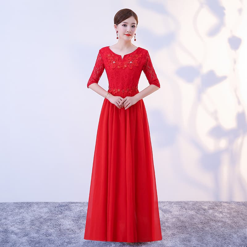 New style choir dress, long gown, adult choir performance outfit, female annual meeting host, red mid-length sleeve dress