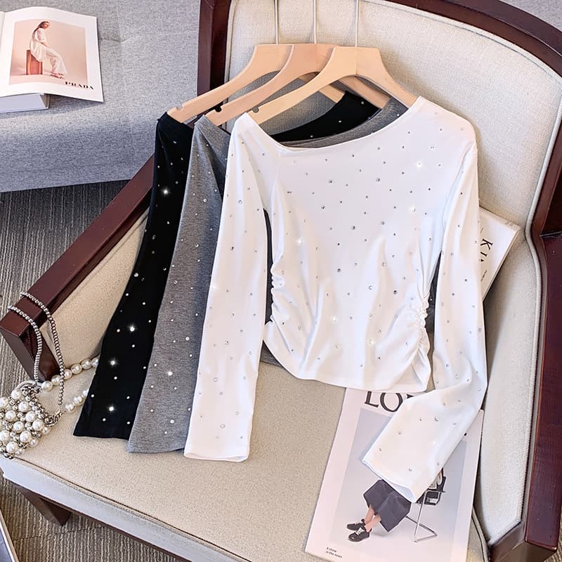 Elegant Diamond Embellished Long Sleeve Slim Fit Short T-Shirt Women's Fashionable Shoulder Bared Commute Style Top Trendy