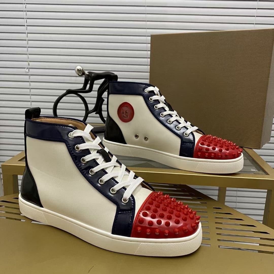 Red-Soled Shoes for Export to Europe and America, Embroidered Style, Low-Top and High-Top Men's Shoes, Red-Soled Couple's Trendy Studded Casual Lace-Up Shoes