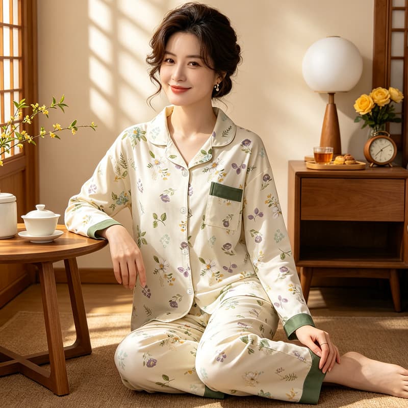 Cotton-Like Elegant Pajamas Women Spring-Summer Turn-Down Collar Long Sleeve Long Pants Loose Plus Size Breathable Comfortable Cardigan Loungewear