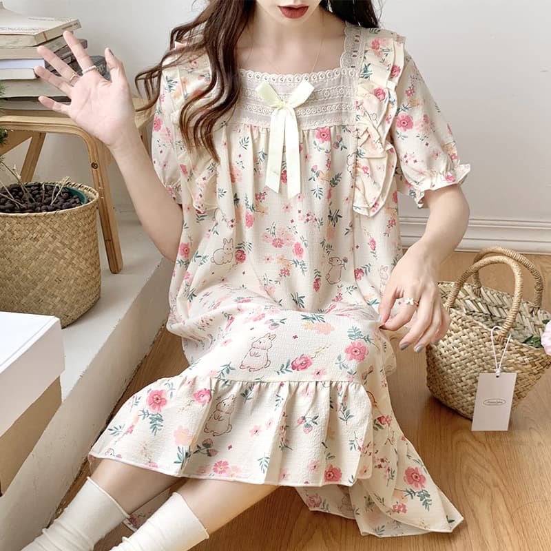 Afternoon tea leisurely summer short-sleeved nightgown for women woven bubble cotton girl sweet lace home wear long skirt