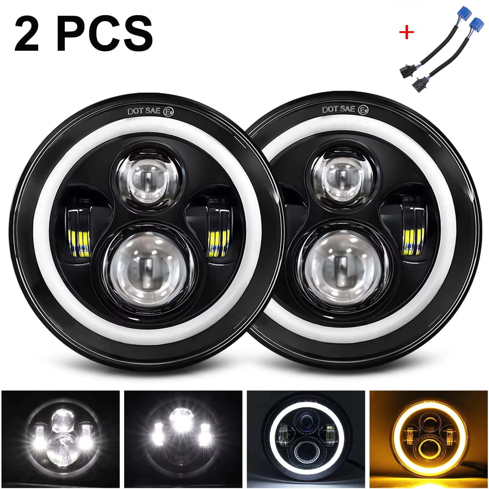 7-inch Harley Wrangler Headlight 4 Beads 60W Off-Road Motorcycle Front LED Light 2 Lights + 2 H4 to H13 Adapters